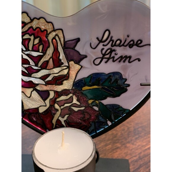 Joan Baker Stained Glass Heart Candle Holder Praise Him Religious Sun Catcher - Picture 12 of 12